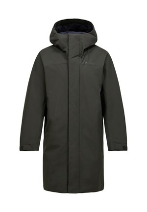 Mørkegrøn vandtæt parka-jacket med hætte, der har almindelig pasform, lange ærmer og lukning med lynlås foran. Sorte detaljer på manchetterne.