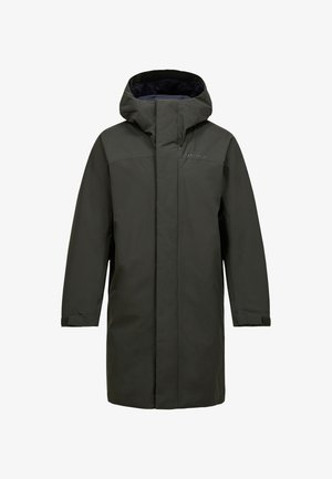 Donkergroen waterdichte parka met capuchon, voorzien van een rechte snit, lange mouwen en een rits aan de voorkant. Zwarte accenten op de manchetten.