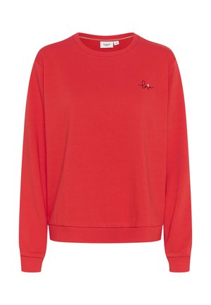 Rød sweatshirt lavet af bomuld med rund halsudskæring, lange ærmer og en sort "love" broderet detalje på brystet.