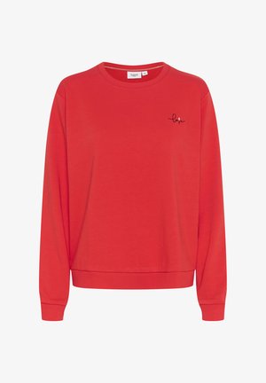 Punane puuvillane sviiter, millel on ümar kaelus, pikad varrukad ja must "armastus" tikand rinnal.