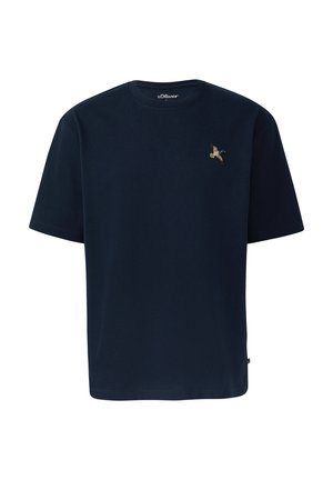 T-shirt bleu marine à manches courtes avec col rond et petit canard volant brodé sur la poitrine gauche.