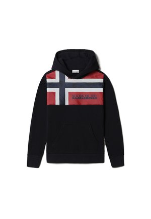 Sort hættetrøje med kangurulomme foran, med et rødt, hvidt og blåt norsk flagdesign og "NAPAPIJRI" tekst tværs over brystet.