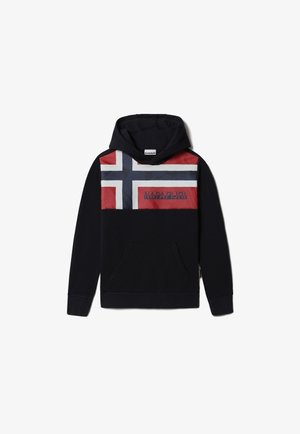 Sort hættetrøje med kangurulomme foran, med et rødt, hvidt og blåt norsk flagdesign og "NAPAPIJRI" tekst tværs over brystet.