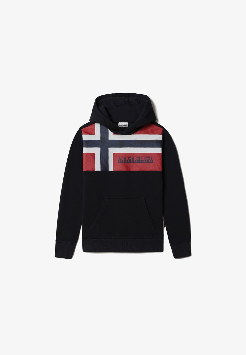 Sweat à capuche noir avec poche kangourou à l'avant, arborant un design du drapeau norvégien rouge, blanc et bleu et le texte "NAPAPIJRI" sur la poitrine.