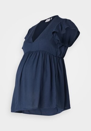 Top premaman blu navy con maniche corte a balze, scollatura a V e vita impero arricciata per comfort e stile. Tessuto morbido e leggero.