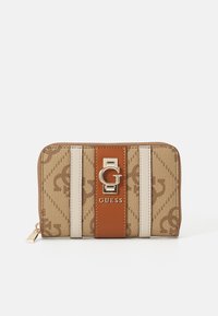 Beige wallet with textured fabric, featuring a brown leather accent and gold hardware. Displays a repeating logo pattern and a zip closure.