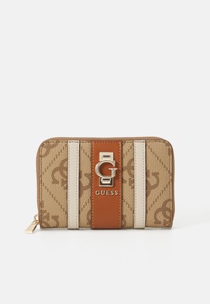 Beige wallet with textured fabric, featuring a brown leather accent and gold hardware. Displays a repeating logo pattern and a zip closure.