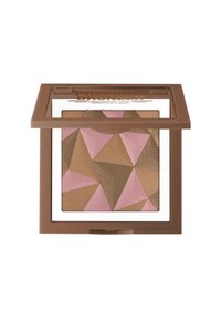 Palette di bronzer multicolore con motivi geometrici rosa, marroni e dorati. Coperchio in plastica marrone con una parte superiore trasparente e testo stampato.