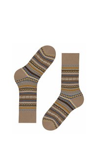 Calze beige con strisce decorative in blu, marrone e oro. Presentano disegni geometrici e texture variegate in tutto il tessuto.
