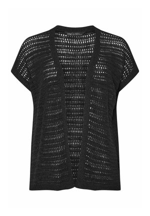 Cárdigan de crochet negro abierto al frente, con mangas cortas y ajuste holgado.