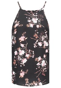 Top sin mangas negro con un estampado floral en rosa y blanco. La tela es suave, con tirantes finos y un corte relajado.