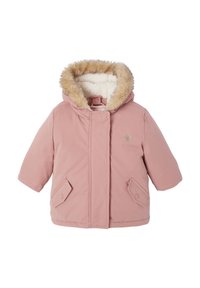 Light pink insulated jacket with a faux fur-lined hood, front snap closure, and two angled pockets. Soft texture and durable material.