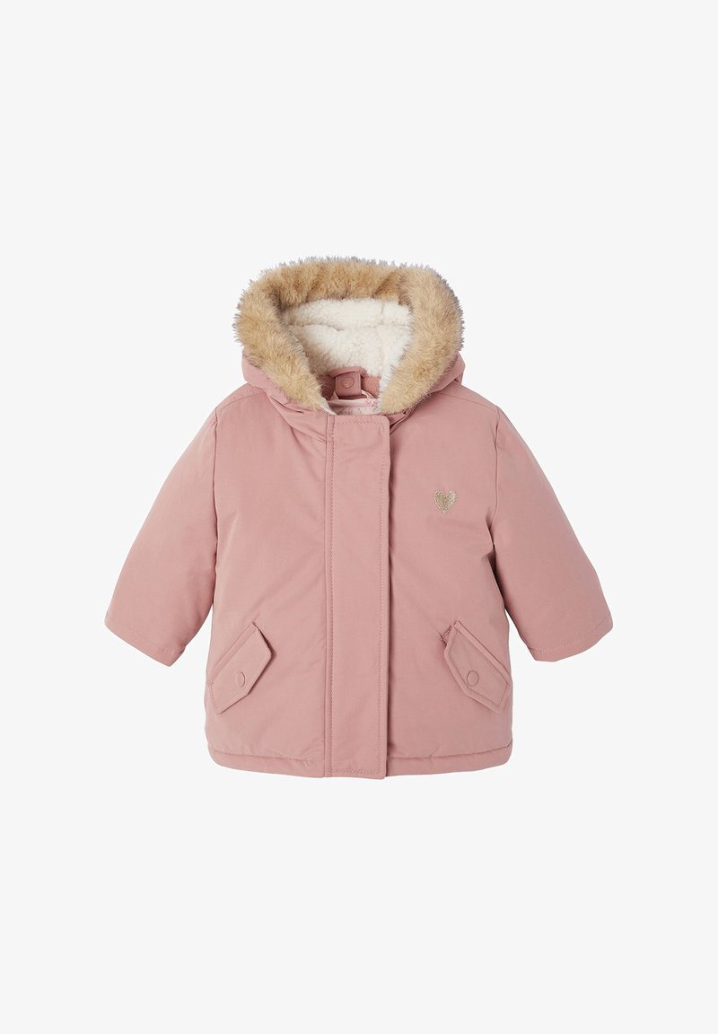 Light pink insulated jacket with a faux fur-lined hood, front snap closure, and two angled pockets. Soft texture and durable material.