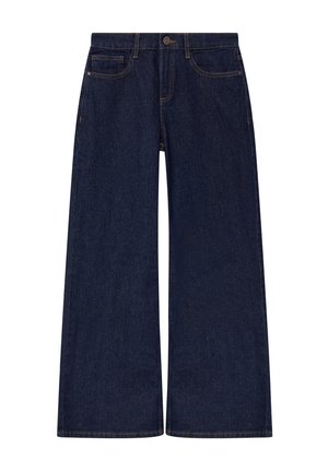 Jean en denim bleu foncé à jambes larges avec poches avant, passants de ceinture, fermeture par bouton et coutures visibles sur fond blanc.