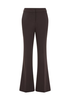 Pantaloni a zampa d'elefante marroni con una texture liscia, vita media e dettagli delle cuciture sottili. Nessun motivo o hardware visibile.