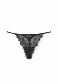 String noir en dentelle avec des motifs floraux, des bords festonnés et des fines bretelles. Matériau transparent avec des détails complexes tout au long.