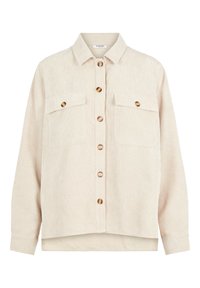 Beige kordflorskjorta med knappar, långa ärmar, två bröstfickor med lock och bruna knappar framtill.