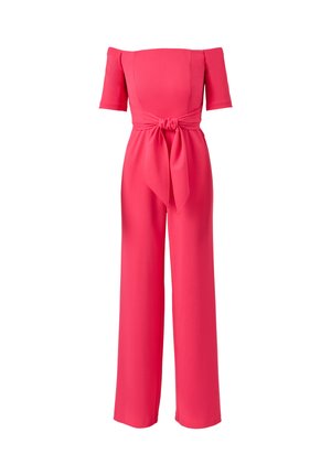 Felroze jumpsuit met off-shoulder, korte mouwen, wijde pijpen en een knoopsluiting aan de voorkant in de taille.