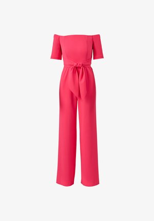 Felroze jumpsuit met off-shoulder, korte mouwen, wijde pijpen en een knoopsluiting aan de voorkant in de taille.