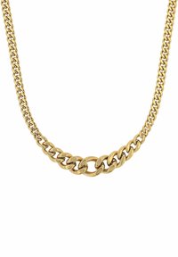 Collana in oro con anelli intrecciati. Presenta una finitura liscia e lucida e un design decorativo centrale a catena.