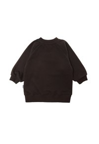 Dark brown sweatshirt with long, puffed sleeves and a round neckline. Soft texture, ribbed cuffs and hem, simple design without patterns.
