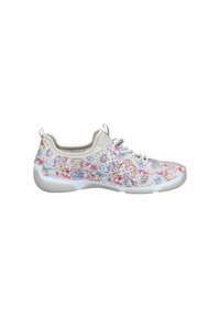 Baskets décontractées à coupe basse avec semelle rembourrée, devant à lacets et motif floral multicolore sur une tige en tissu blanc.