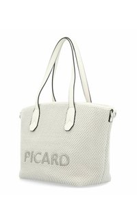Witte geweven schoudertas met zwarte rand en dubbele schouderriemen, met een reliëf "PICARD" logo aan de voorkant. Genopte oppervlakte.