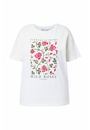 White short-sleeve t-shirt with graphic of red roses and green leaves, text "FLOWERS OF THE DAY" and "WILD ROSES" on front.