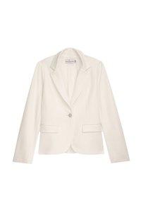 Weißer taillierter Blazer mit Reverskragen, einem dekorativen Knopf und zwei vorderen Klappentaschen, entworfen für Frauen.