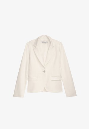 Weißer taillierter Blazer mit Reverskragen, einem dekorativen Knopf und zwei vorderen Klappentaschen, entworfen für Frauen.