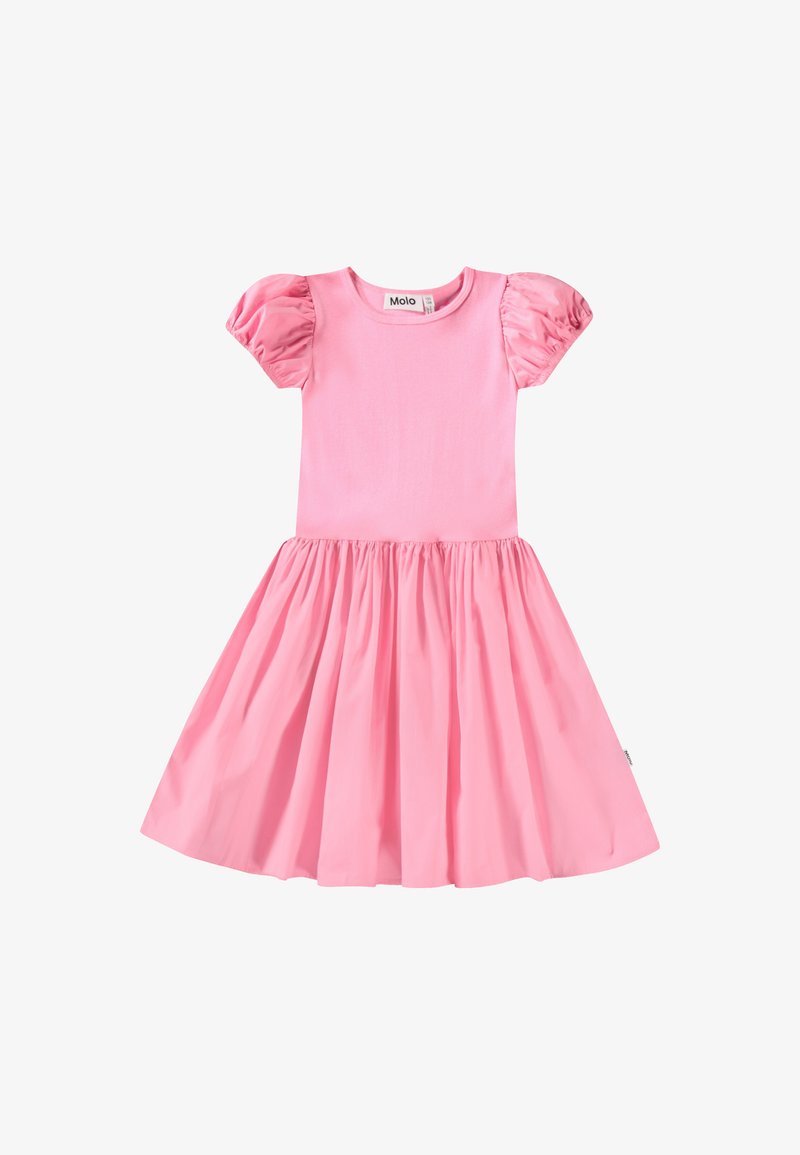 Roza haljina s kratkim napuhanim rukavima, okruglim izrezom i suknjom koja se širi. Izrađena od mekanog materijala s glatkom teksturom.