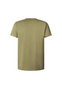 Camiseta de algodón verde oliva, de manga corta, cuello redondo, textura suave, diseño simple, sin patrones ni adornos, color sólido.