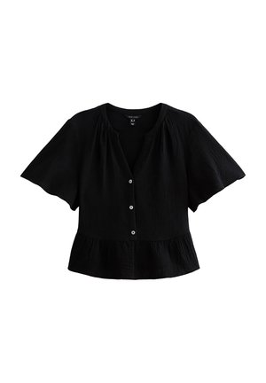 Schwarze Kurzarmbluse mit V-Ausschnitt, gerafften Schultern, Knopfverschluss und einem Peplum-Saum aus leicht strukturiertem Stoff.