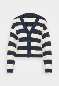 Randig kofta i marinblått och gräddvitt. Blandning av bomull, V-ringad design, fem knappar framtill, långa ärmar, kortad längd och ribbade muddar.