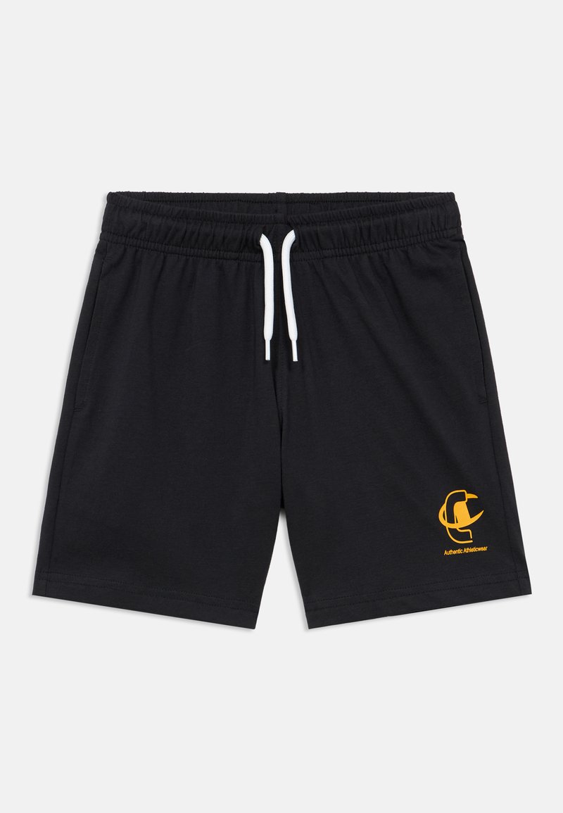 Μαύρο αθλητικό σορτς κατασκευασμένο από μαλακό ύφασμα, με ελαστική μέση και λευκά κορδόνια καθώς και κίτρινο λογότυπο στο μπροστινό αριστερό μέρος.