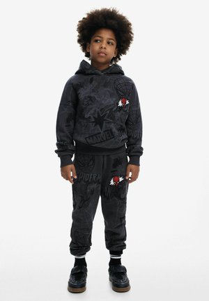 Black hoodie and sweatpants featuring Spider-Man graphics and Marvel logos, made of soft fabric with ribbed cuffs and a relaxed fit.