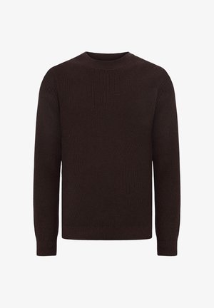 Brauner gerippter Pullover mit Rundhalsausschnitt, langen Ärmeln und texturiertem Strickstoff. Einfaches Design ohne zusätzliche Muster oder Akzente.