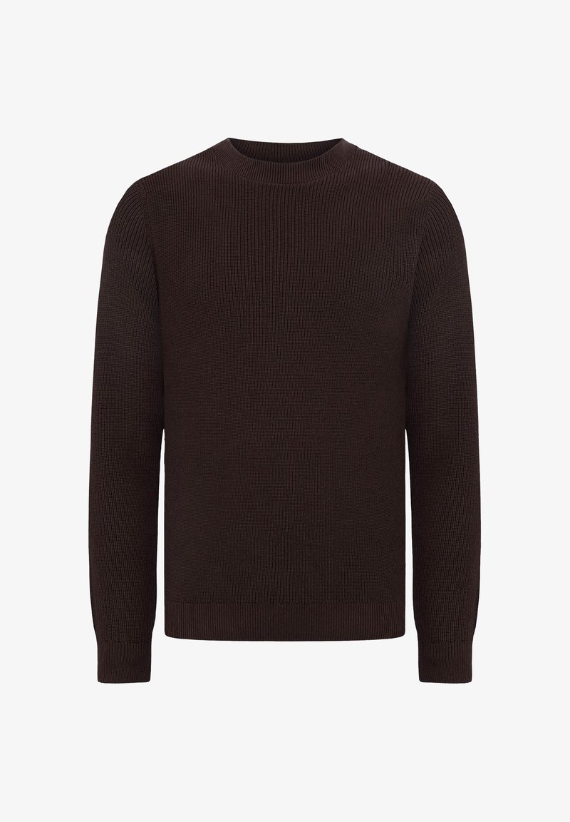 Brauner gerippter Pullover mit Rundhalsausschnitt, langen Ärmeln und texturiertem Strickstoff. Einfaches Design ohne zusätzliche Muster oder Akzente.
