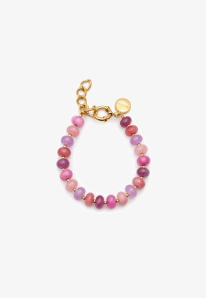 Bracciale con perline rosa e viola con hardware dorato, caratterizzato da una chiusura a moschettone e perline alternate di finitura lucida e opaca.