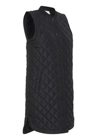 Chaleco largo negro sin mangas con acolchado, botones a presión, bolsillos laterales y cuello acanalado, ideal para usar en capas en climas fríos.