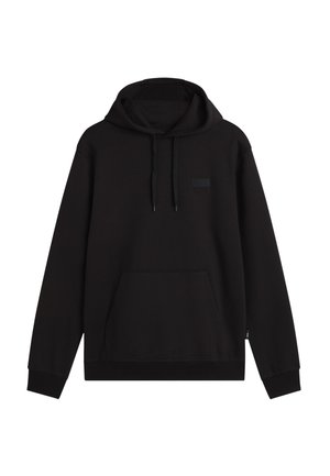 Czarna bluza z kapturem, kieszenią z przodu, troczkami i małym wytłaczanym logo Vans na piersi.
