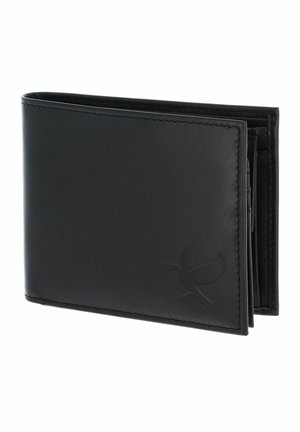 Portefeuille noir en cuir bifold avec une colombe en relief tenant un rameau d'olivier, légèrement ouvert montrant les compartiments intérieurs.