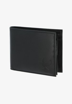 Black leather bifold wallet with embossed dove holding olive branch, slightly open showing inner compartments.