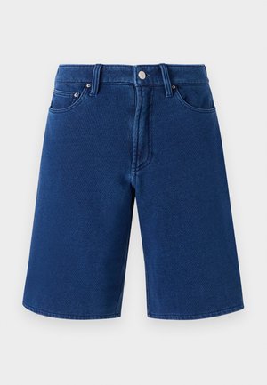 Blå denimshorts med rak passform, femfickorsdesign och synlig midja med metallknapp och bältesöglor.