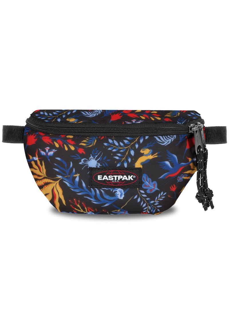 Marsupio nero con motivo floreale colorato, chiusura con zip e logo Eastpak. Presenta una tracolla regolabile e una stoffa testurizzata.