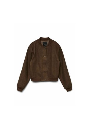 Veste bomber en laine marron avec un col rond, fermeture à boutons-pression et poignets et ourlet côtelés, présentant un motif texturé et subtil.