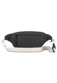 Fanny pack made of textured black fabric with a zippered pocket, featuring a cream adjustable strap and a cinch cord detail.