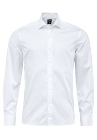 Camicia da uomo bianca a maniche lunghe con colletto a punte, chiusura con bottoni e polsini a barile, realizzata in tessuto liscio senza motivi visibili.