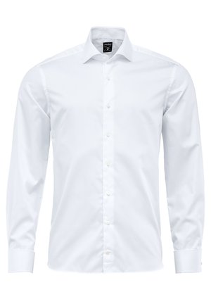 Weißes langärmliges Hemd mit Punktkragen, Knopfverschluss und Manschetten mit Rahmen, aus glattem Stoff ohne sichtbare Muster.