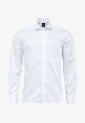 Weißes langärmliges Hemd mit Punktkragen, Knopfverschluss und Manschetten mit Rahmen, aus glattem Stoff ohne sichtbare Muster.